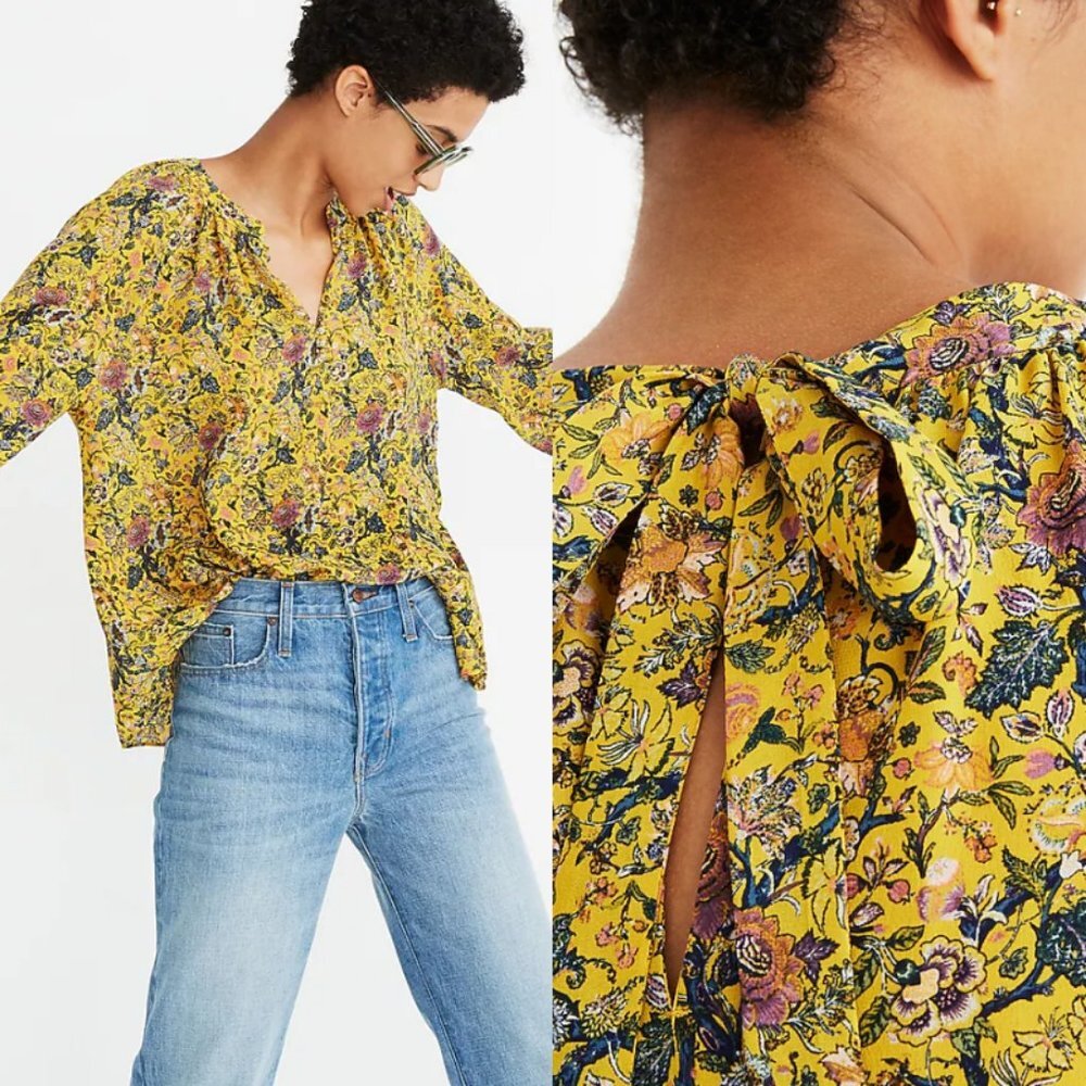 Madewell Karen Walker 100% Silk Bohemian Yellow Floral Print Blouse Size XS Boho